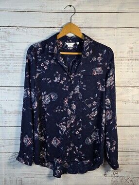 Reitmans Navy Floral Button Front Blouse Small Boho Cottagecore Top